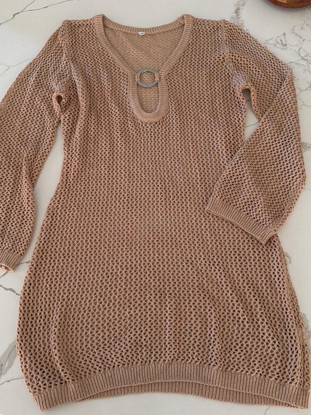 Open-Knit Long Sleeve Swim Coverup Tunic in Tan with Ring Detail